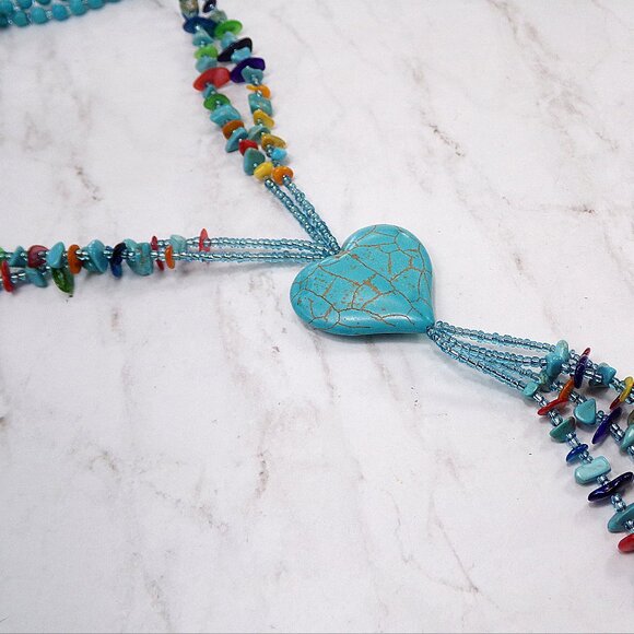 Turquoise Heart Stone Necklace with Multi Color Stones and stone beaded tassel. - Picture 6 of 8